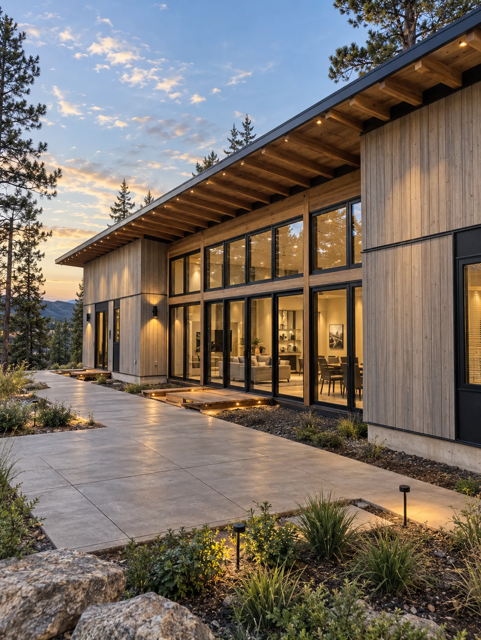 Timber-clad mountain home with a shed roof and wall of windows at dusk