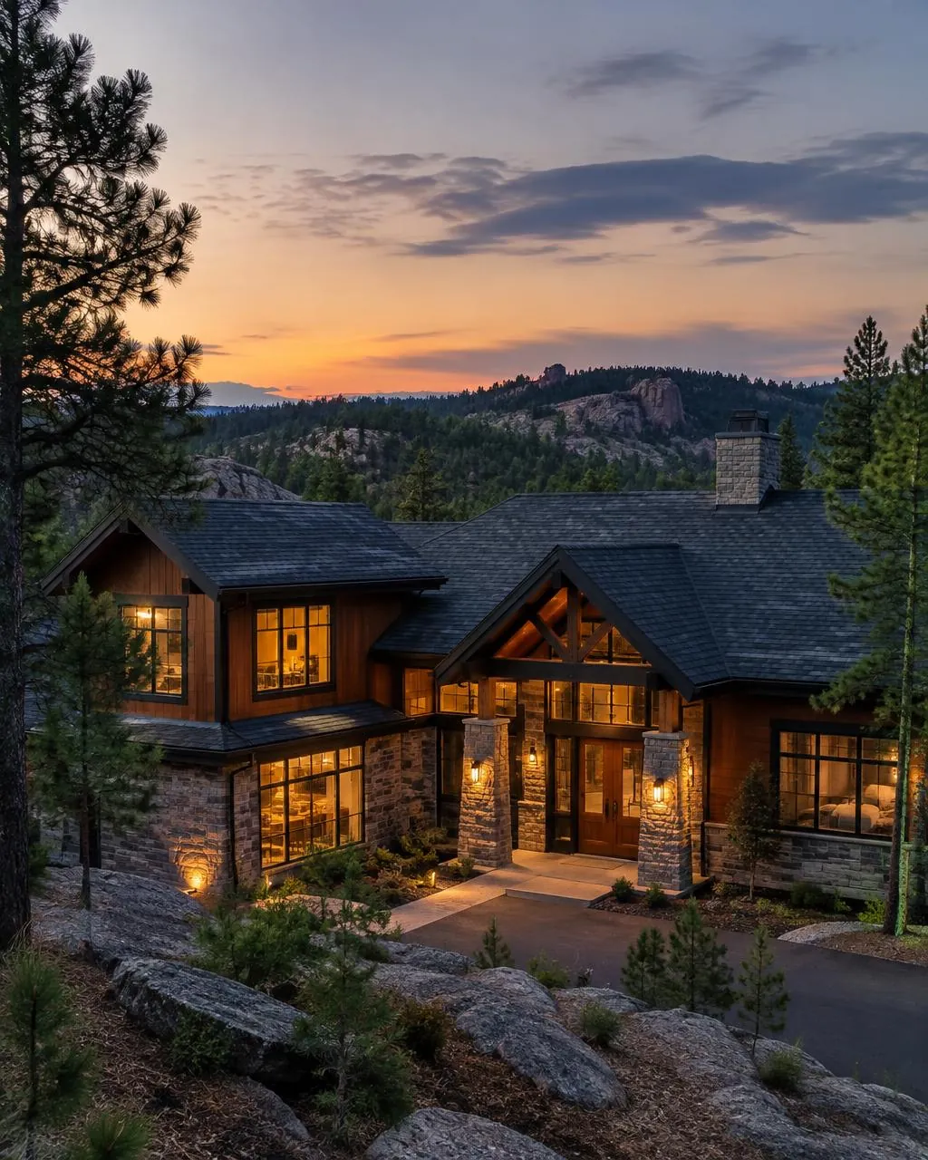 Black Hills custom home at dusk