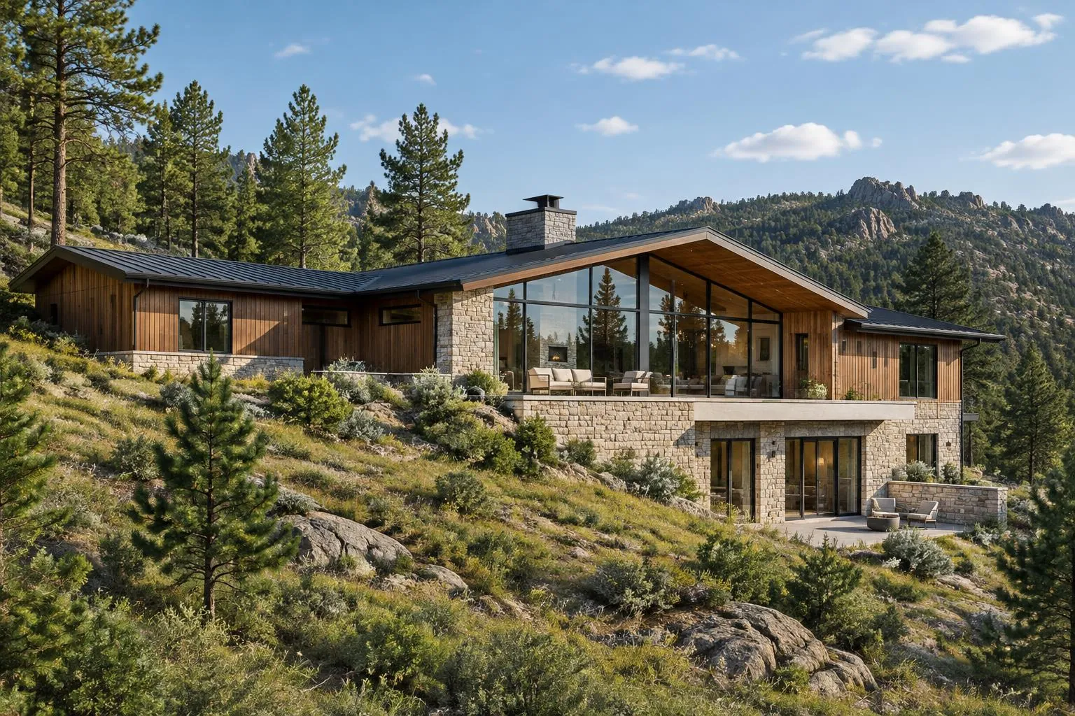 Residence 01, Low stone and timber residence on a rocky pine-covered hillside, Concept Visualization