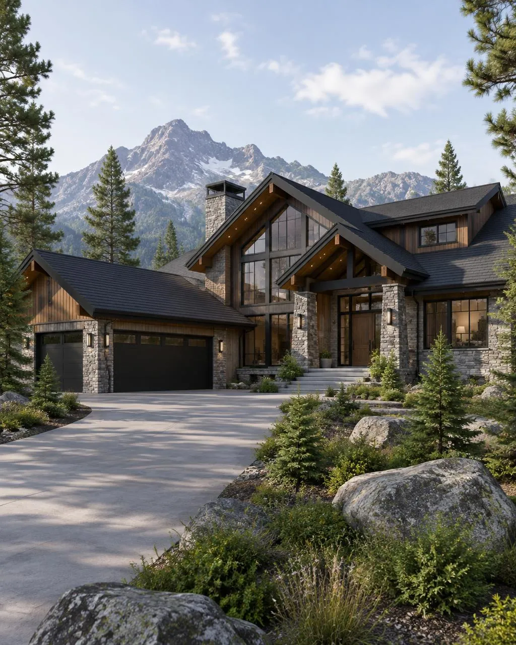 Residence 03, Stone and timber mountain home with broad windows overlooking a hillside, Concept Visualization